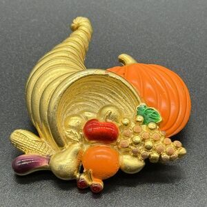 Vintage Danecraft Cornucopia Brooch Pin Autumn Thanksgiving Fall Pumpkin